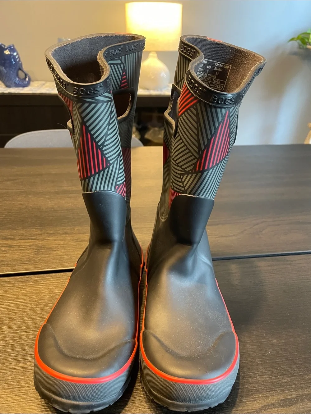 Bogs Black Rain Boots with Red Accents